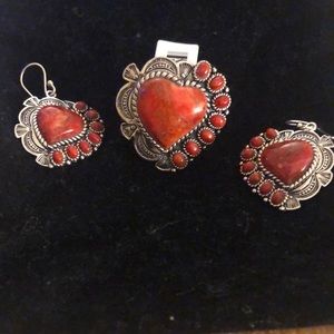 Coral silver set earrings and ring